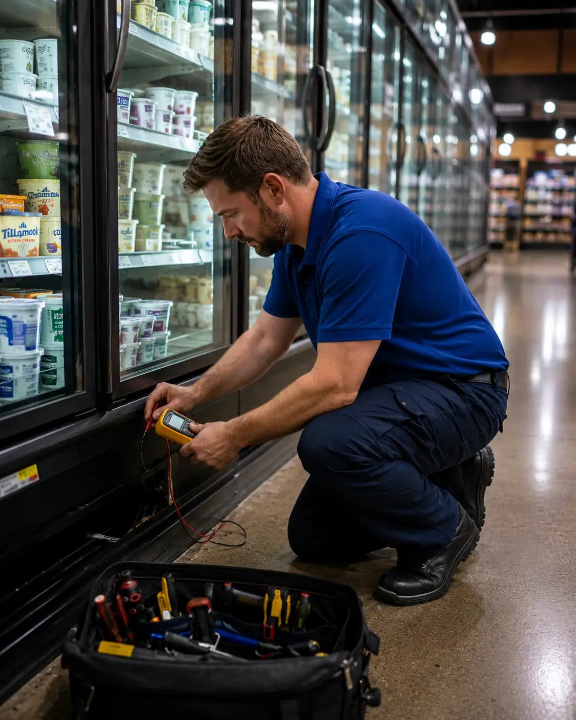 Técnico em refrigeração usando multímetro em Joinville